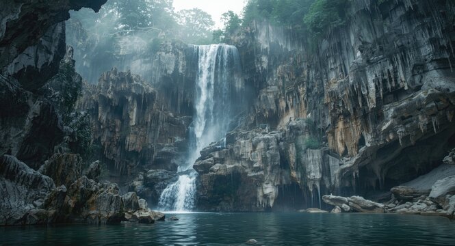 Waterfalls shaped by natural limestone decay in a karst geological setting