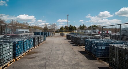 Obraz premium Outdoor storage of flammable petroleum barrels and gasoline containers in blue tanks on pallets