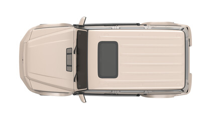 Top-down view of a modern beige SUV with a sunroof and roof rack, isolated on white © changnam37