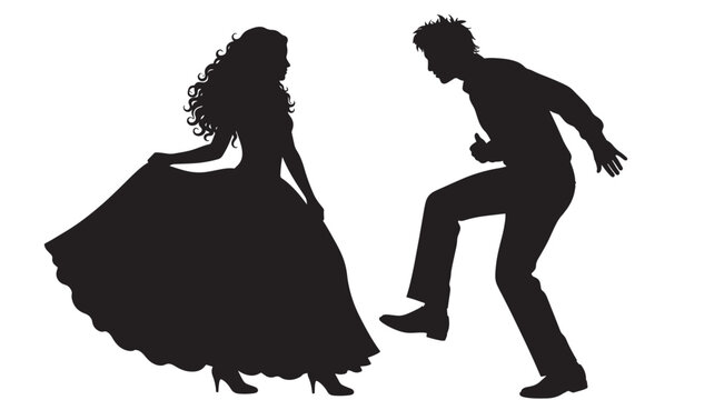 Dancers silhouette couple with woman in flowing dress and man stepping forward, elegant ballroom tango pose, black cutout figures isolated on white background