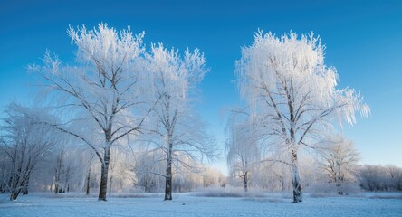 Obraz premium Peaceful winter scene with frost covered trees under a clear blue sky capturing serene snowy nature