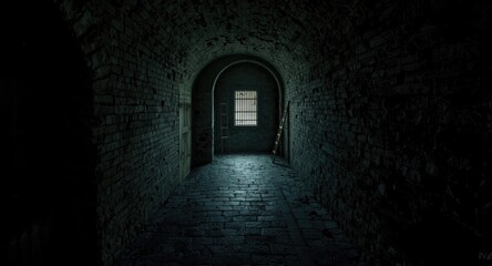 Fototapeta premium Dim medieval prison passage featuring brick walls, wooden door arch and light through barred window