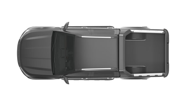 Top view of a modern dark gray pickup truck isolated on a white background