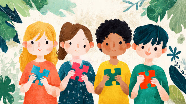 Illustration of diverse children holding puzzle pieces. Concept of autism spectrum disorder, neurodiversity, social support, friendship and acceptance of differences in early childhood development.