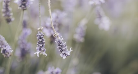 Close view of blooming lavender suspended with natural twine