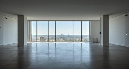 Fototapeta premium Open loft room with smooth concrete flooring and panoramic window views of the outdoors