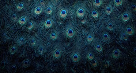 Obraz premium Peacock feather texture with blue color scheme and decorative eye pattern frame plus copy space