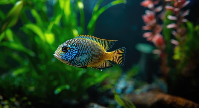 Happy mbuna cichlid pet among aquatic plants and decorative elements in a bright aquarium