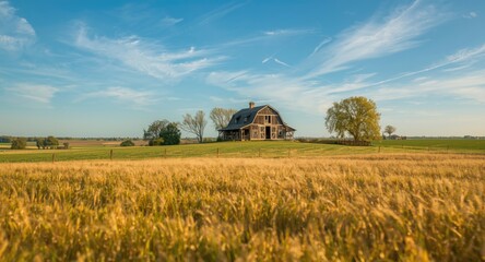 Restful empty farmhouse located in open farmland under a crisp blue sky setting