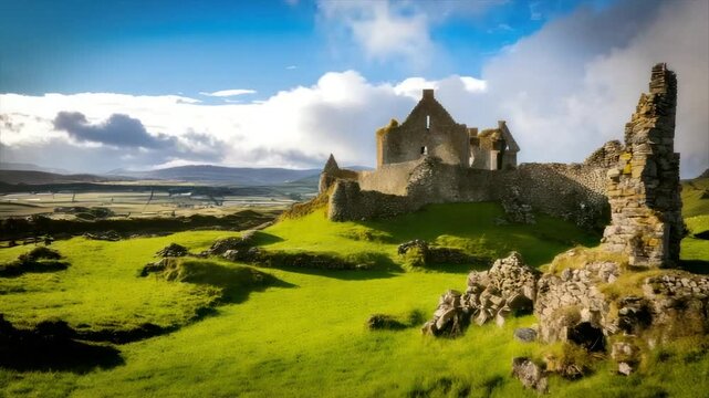 Scenic view of an ancient castle ruin on a grassy hill with a vast landscape