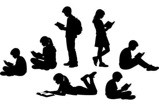 Silhouette of diverse children and teens reading books.