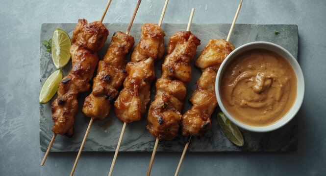 Flat top view of roasted chicken satay skewers served with lime slices and traditional peanut sauce