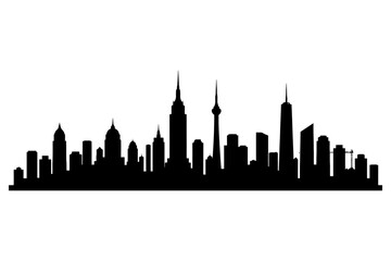 Detailed black cityscape silhouette of varied skyscrapers.