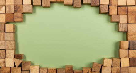 Top down shot of mixed color wooden blocks set against a lush green backdrop with space for text