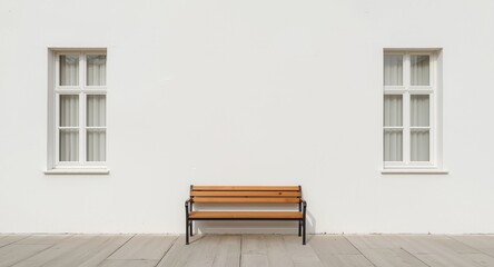 Symmetrical white wall featuring several windows and an outdoor bench with copy space for text design