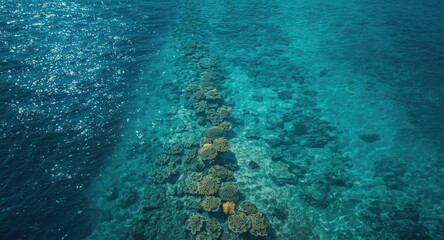 Sky view of intricate coral structures surrounded by turquoise waves