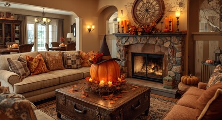 Warm living room styled for Halloween with suitcase pumpkin centerpiece and classic hat