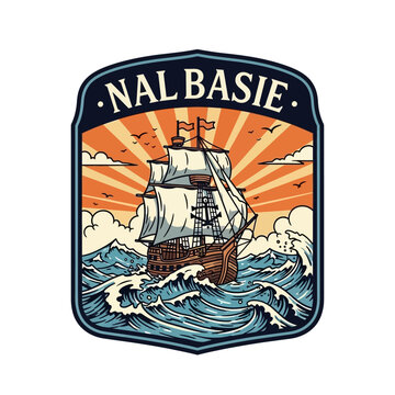 Vintage Tall Ship Sailing on Crashing Waves, Retro Nautical Emblem Design