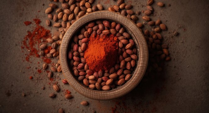 natural achiote seeds and powder arranged in a rustic wooden bowl
