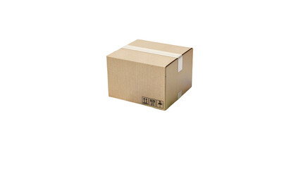 Fototapeta premium Brown cardboard box with white tape, isolated on black