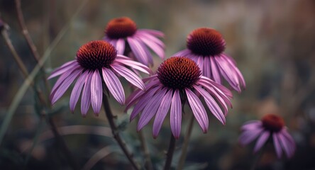 Sharp selective focus on vibrant purple coneflowers with a gentle blurred background