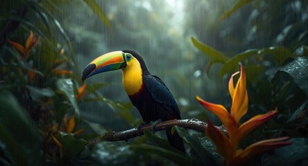 Fototapeta premium Vibrant toucan perched in dense tropical foliage with rain drops in misty rainforest