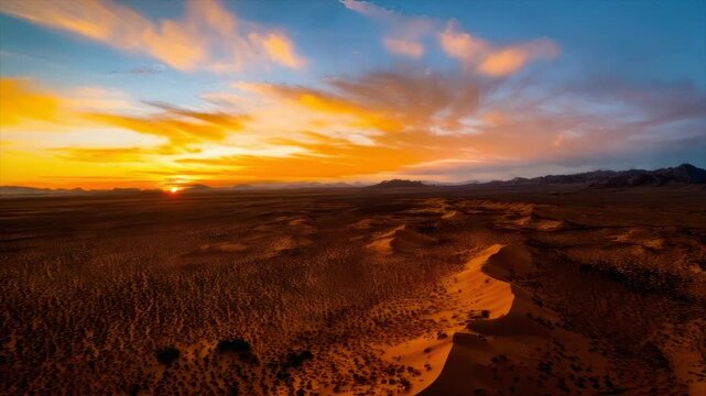 A desert landscape at sunset, with golden dunes and a vibrant sky, stretching to mountains