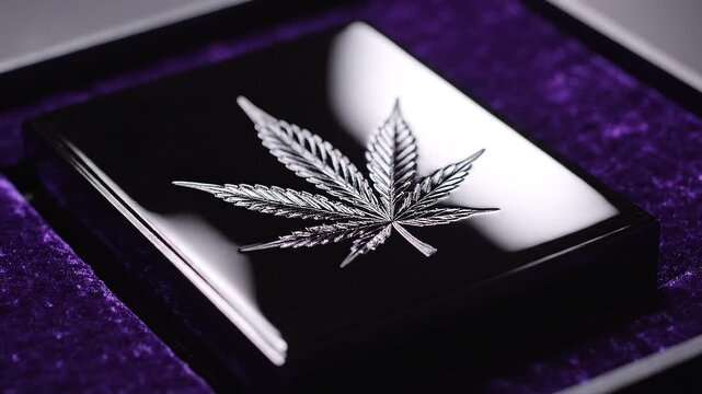 A close-up view of a silver cannabis leaf design on a black reflective surface, placed on a purple velvet background
