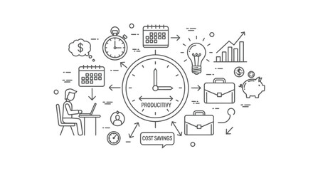 Businessman manages time efficiency around a large central clock symbolizing productivity, surrounded by icons for scheduling, finance, and goals in a detailed workflow concept.