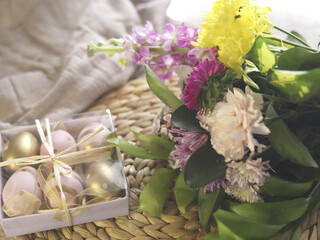 Pastel Spring Bouquet With Decorative Egg Gift