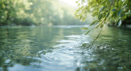 Relaxing riverside view with leaves gently floating on water
