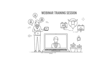 Female presenter guides an online webinar training session using a laptop displaying a remote participant and digital communication icons.