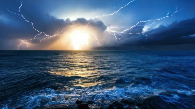 Dramatic ocean scene with stormy sky. Bolts of lightning illuminate the dark clouds above