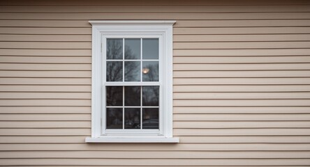 Window design featuring double hung style with white trim and horizontal clapboard on a retro building