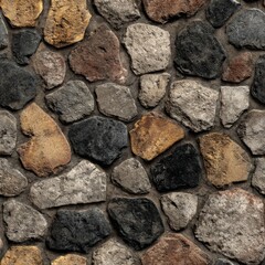 Close-up of a rugged cobblestone wall with natural earthy tones, including brown, grey, and black. Perfect for architectural or design concepts.