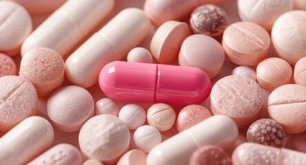 Pink pharmaceutical capsules and diverse pills close view