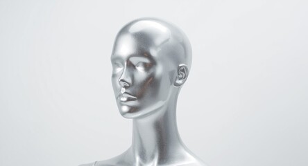silver mannequin head model with glossy texture on white backdrop