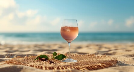 Chilled rose wine served on sunny sandy beach on a warm summer day