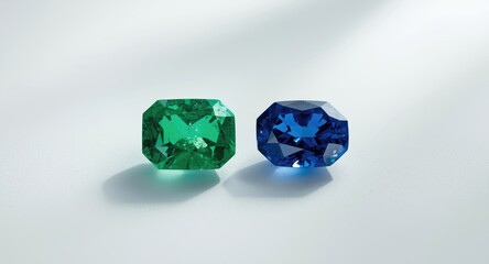 Polished natural emerald and vivid sapphire gems isolated on plain white backdrop
