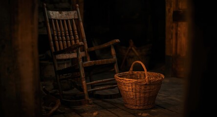 Cozy rustic ambiance created by wooden rocking chair and basket in a dark room