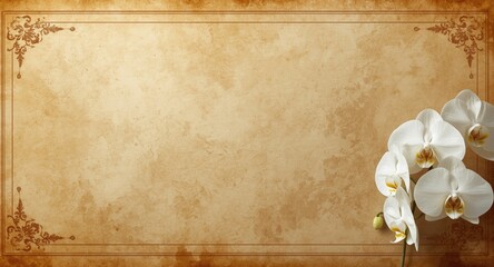 ornamental aged paper background with white Phalaenopsis orchid and ample copy space