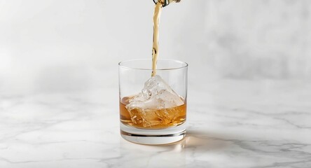 Whiskey spirit over crushed ice on a white background