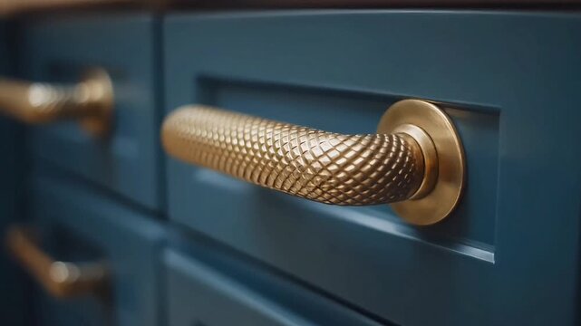 The intricate design of a textured brass handle beautifully enhances a deep blue kitchen cabinet in a contemporary brass kitchen.