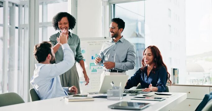 People, team and excited at office meeting with applause, high five or celebration at financial company. Men, women and happy with group, fist bump and achievement with goals at investment agency
