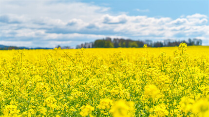 Fototapeta premium 青空の下に広がる鮮やかな菜の花畑・広大な自然の景観