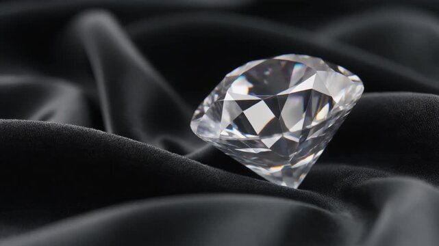 A large diamond on black satin fabric with folds and creases in the background, possibly for luxury or jewelry advertisement