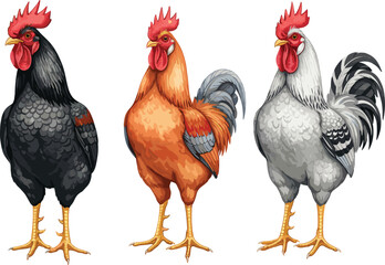 Set of Colorful Rooster Vector Illustrations Featuring Ginger Black and White Cockerels Isolated on White for Agricultural Branding Farmers Market Signs and Rustic Country Decor © Kulsum