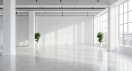 Fototapeta premium Spacious bright interior with minimalist elements in white and gray and copy space