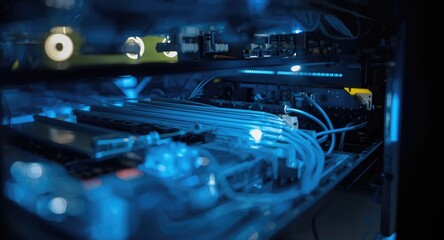 Naklejka premium Subtle light blurs enhancing optical fiber layouts in server hard disk systems