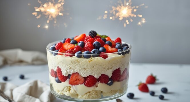 Summer berry trifle with airy angel food cake layers and celebratory sparklers for holiday dessert